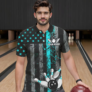 Turquoise Grunge American Flag Patriotic Bowling Shirts For Men Custom Bowling Team Jerseys TDM3503