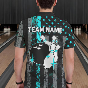 Turquoise Grunge American Flag Patriotic Bowling Shirts For Men Custom Bowling Team Jerseys TDM3503