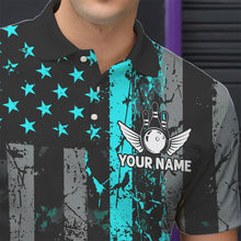 Load image into Gallery viewer, Turquoise Grunge American Flag Patriotic Bowling Shirts For Men Custom Bowling Team Jerseys TDM3503