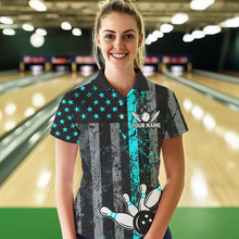 Load image into Gallery viewer, Turquoise Grunge American Flag Patriotic Bowling Shirts For Women Custom Bowling Team Jerseys TDM3503