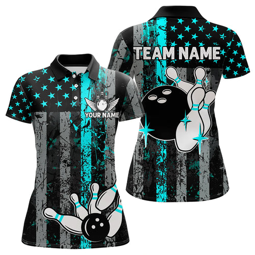 Turquoise Grunge American Flag Patriotic Bowling Shirts For Women Custom Bowling Team Jerseys TDM3503