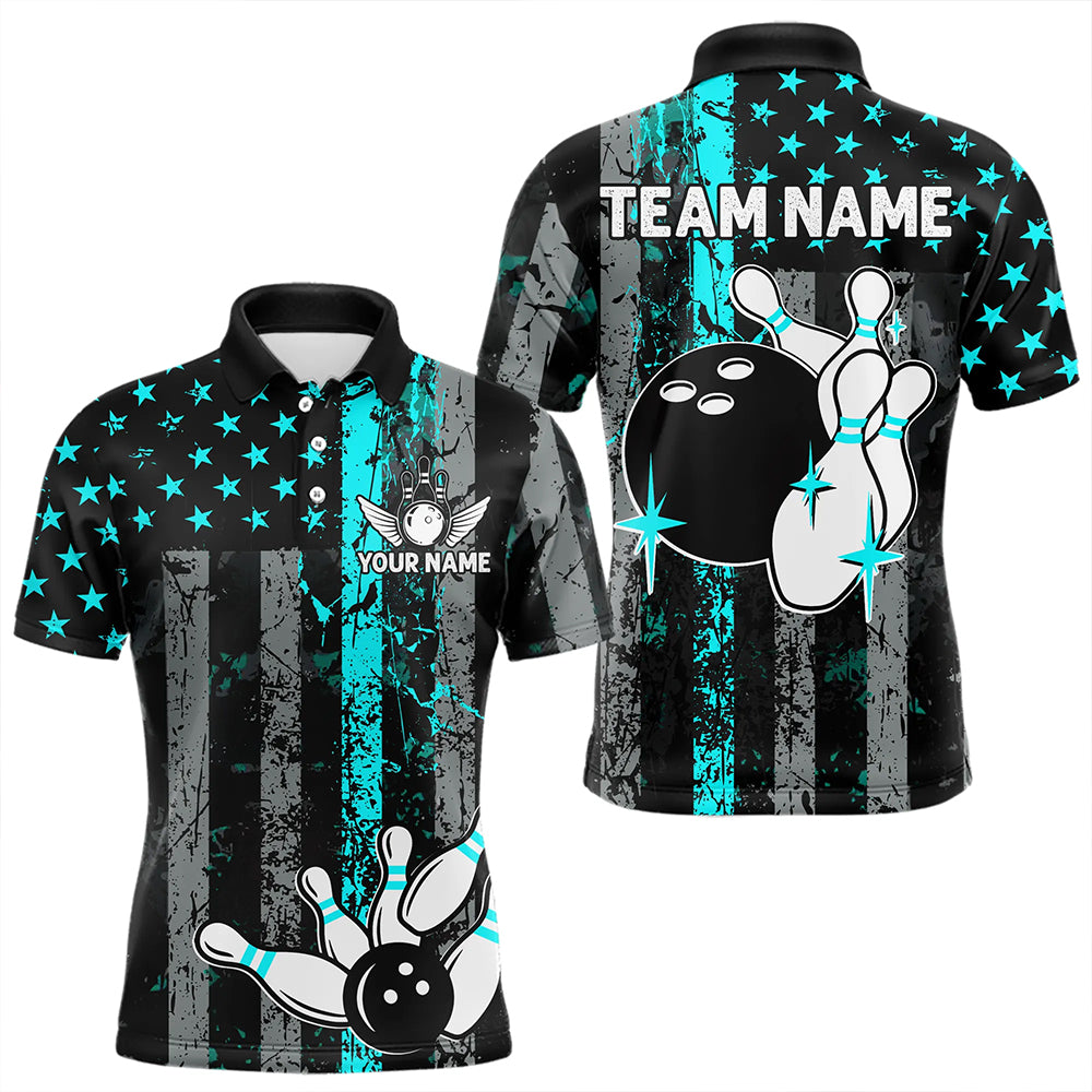 Turquoise Grunge American Flag Patriotic Bowling Shirts For Men Custom Bowling Team Jerseys TDM3503