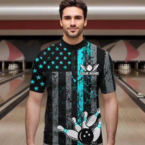 Turquoise Grunge American Flag Patriotic Bowling Shirts For Men Custom Bowling Team Jerseys TDM3503