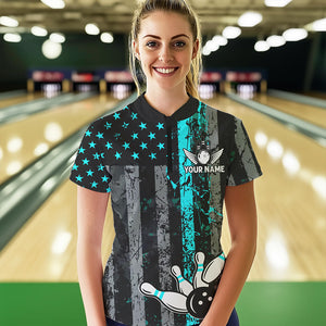 Turquoise Grunge American Flag Patriotic Bowling Shirts For Women Custom Bowling Team Jerseys TDM3503