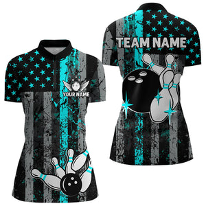 Turquoise Grunge American Flag Patriotic Bowling Shirts For Women Custom Bowling Team Jerseys TDM3503