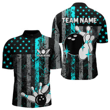 Load image into Gallery viewer, Turquoise Grunge American Flag Patriotic Bowling Shirts For Men Custom Bowling Team Jerseys TDM3503