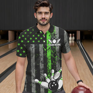 Personalized Green Grunge American Flag Patriotic Bowling Shirts For Men Custom Bowling Team Jersey TDM3504