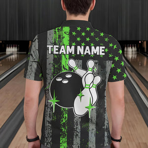 Personalized Green Grunge American Flag Patriotic Bowling Shirts For Men Custom Bowling Team Jersey TDM3504