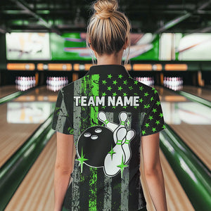 Personalized Green Grunge American Flag Patriotic Bowling Shirts For Women Custom Bowling Team Jersey TDM3504