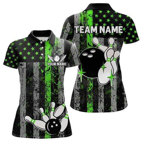 Personalized Green Grunge American Flag Patriotic Bowling Shirts For Women Custom Bowling Team Jersey TDM3504