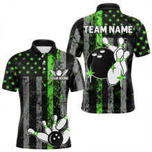 Load image into Gallery viewer, Personalized Green Grunge American Flag Patriotic Bowling Shirts For Men Custom Bowling Team Jersey TDM3504