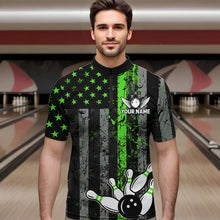 Load image into Gallery viewer, Personalized Green Grunge American Flag Patriotic Bowling Shirts For Men Custom Bowling Team Jersey TDM3504