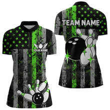 Load image into Gallery viewer, Personalized Green Grunge American Flag Patriotic Bowling Shirts For Women Custom Bowling Team Jersey TDM3504