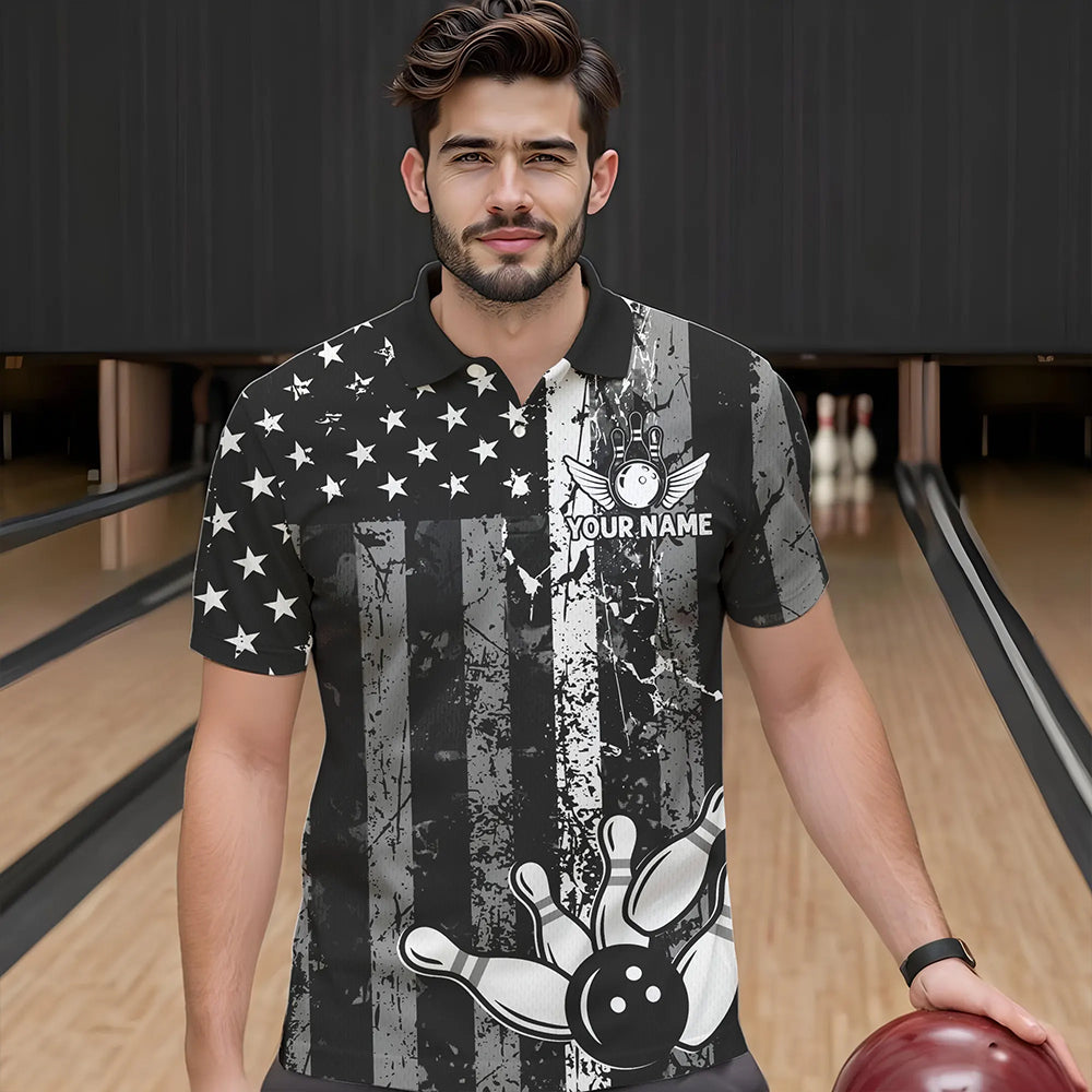 Grey And Black Grunge American Flag Patriotic Bowling Shirts For Men Custom Bowling Team Jerseys TDM3505