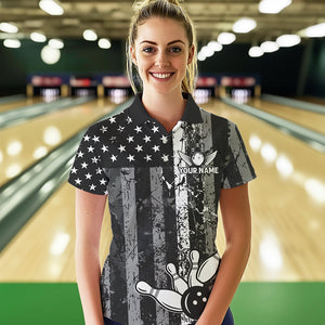 Grey And Black Grunge American Flag Patriotic Bowling Shirts For Women Custom Bowling Team Jerseys TDM3505