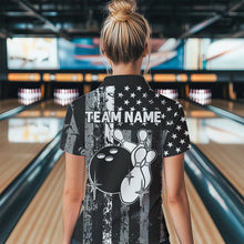 Load image into Gallery viewer, Grey And Black Grunge American Flag Patriotic Bowling Shirts For Women Custom Bowling Team Jerseys TDM3505