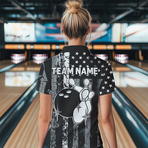 Grey And Black Grunge American Flag Patriotic Bowling Shirts For Women Custom Bowling Team Jerseys TDM3505