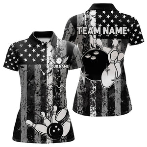 Grey And Black Grunge American Flag Patriotic Bowling Shirts For Women Custom Bowling Team Jerseys TDM3505