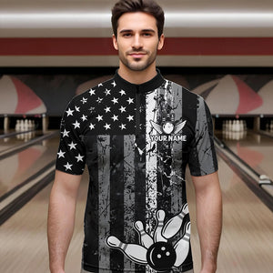 Grey And Black Grunge American Flag Patriotic Bowling Shirts For Men Custom Bowling Team Jerseys TDM3505