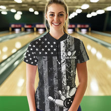 Load image into Gallery viewer, Grey And Black Grunge American Flag Patriotic Bowling Shirts For Women Custom Bowling Team Jerseys TDM3505