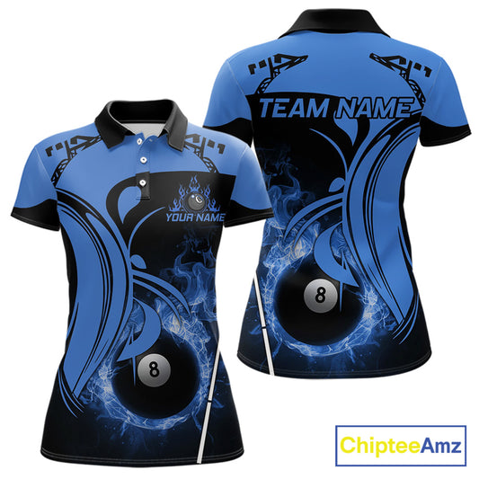 Personalized Blue 8 Ball Fire Flame Billiard Shirt For Women, Pool Team Jersey Polo & 1/4 Zip TDM5974