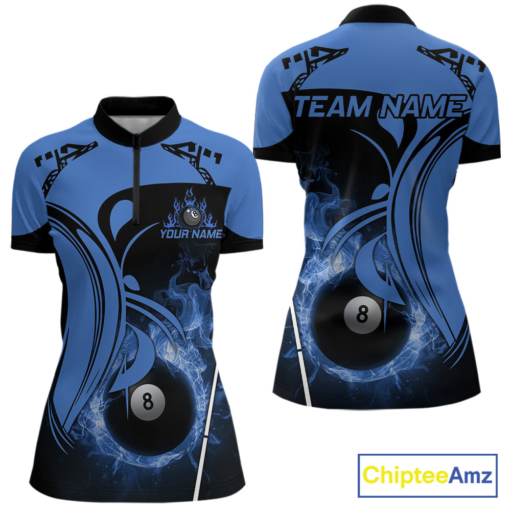 Personalized Blue 8 Ball Fire Flame Billiard Shirt For Women, Pool Team Jersey Polo & 1/4 Zip TDM5974