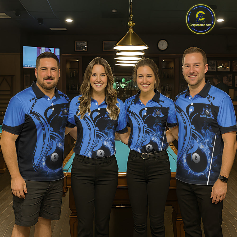 Personalized Blue 8 Ball Fire Flame Billiard Shirt For Women, Pool Team Jersey Polo & 1/4 Zip TDM5974