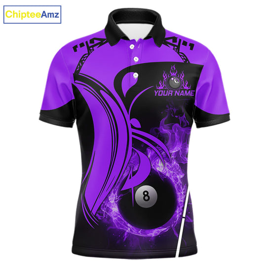Personalized Purple 8 Ball Fire Flame Billiard Shirt For Men, Pool Team Jersey Polo & 1/4 Zip TDM5975