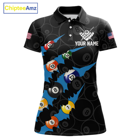 Custom Blue 8 Ball Pool Scratch Billiard Shirt For Women, Black Billiard Team Jersey Polo & 1/4 Zip TDM6436