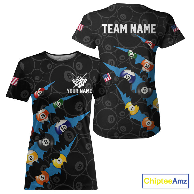 Custom Blue 8 Ball Pool Scratch Billiard T-Shirt For Women Black Billiard League Team Jersey TDM6436