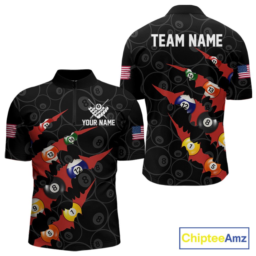 Custom Red 8 Ball Pool Scratch Billiard Shirt For Men, Black Billiard Team Jersey Polo & 1/4 Zip TDM6437