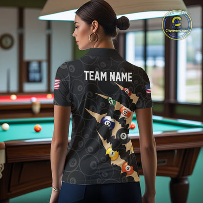 Custom Tan 8 Ball Pool Scratch Billiard Shirt For Women, Black Billiard Team Jersey Polo & 1/4 Zip TDM6438