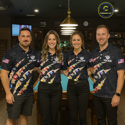 Custom Tan 8 Ball Pool Scratch Billiard Shirt For Women, Black Billiard Team Jersey Polo & 1/4 Zip TDM6438