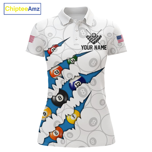 Custom Blue 8 Ball Pool Scratch Billiard Shirt For Women, White Billiard Team Jersey Polo & 1/4 Zip TDM6439