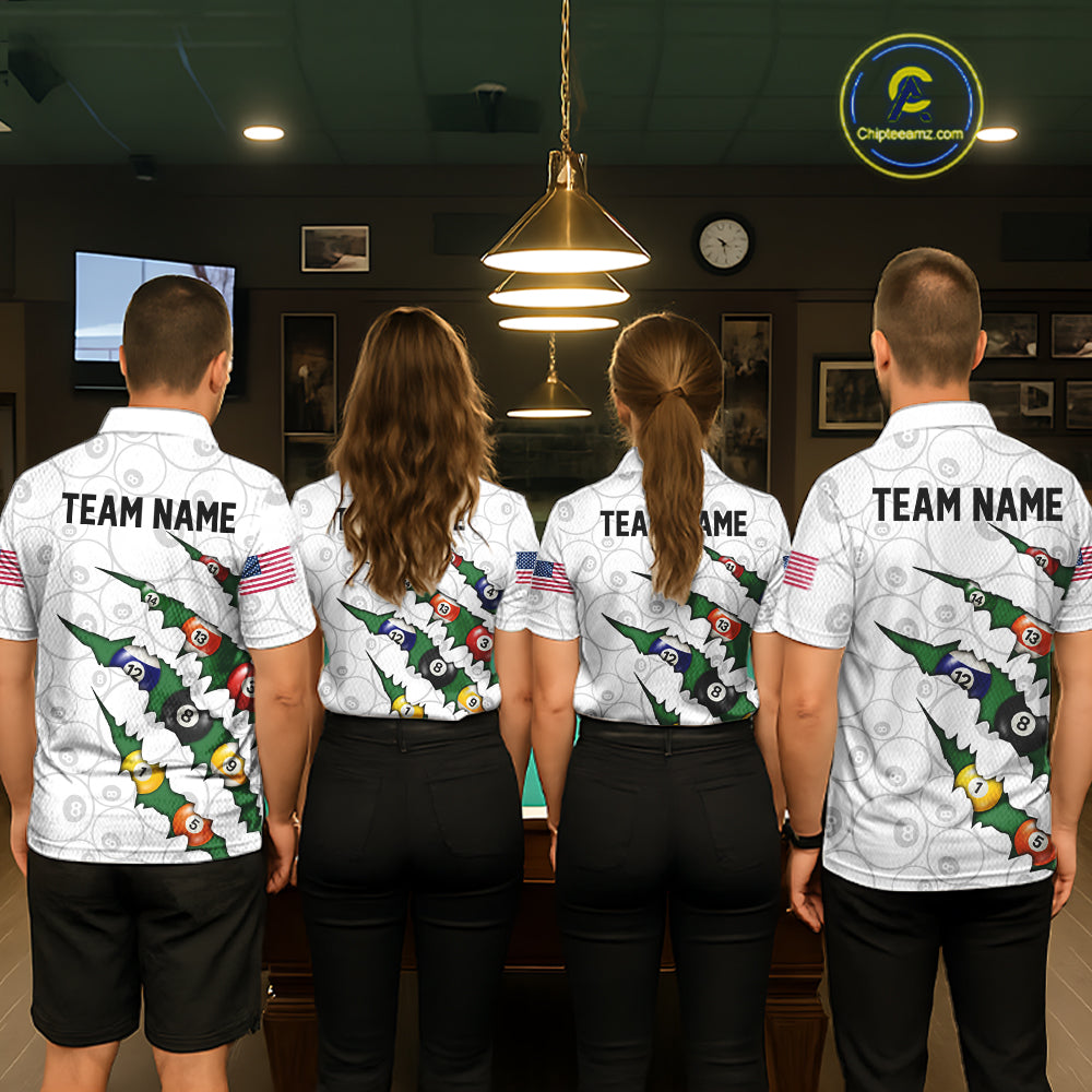 Custom Green 8 Ball Pool Scratch Billiard Shirt For Women, White Billiard Team Jersey Polo & 1/4 Zip TDM6440