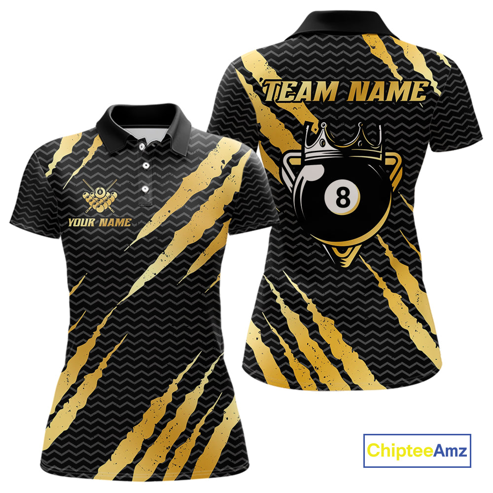 Black And Gold Scratch Billiard Shirts For Women Custom 8 Ball Crown Pool Team Jersey Polo & 1/4 Zip TDM4095