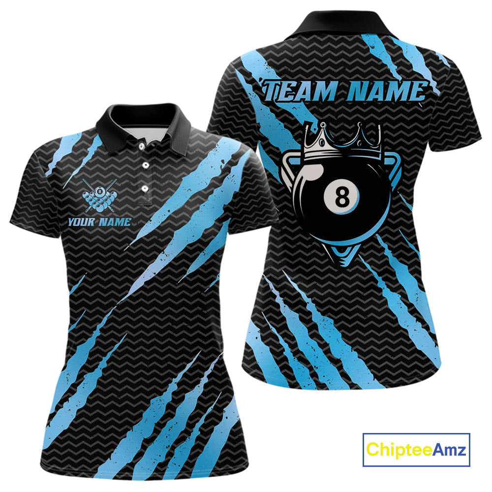 Black And Blue Scratch Billiard Shirts For Women Custom 8 Ball Crown Pool Team Jersey Polo & 1/4 Zip TDM4097