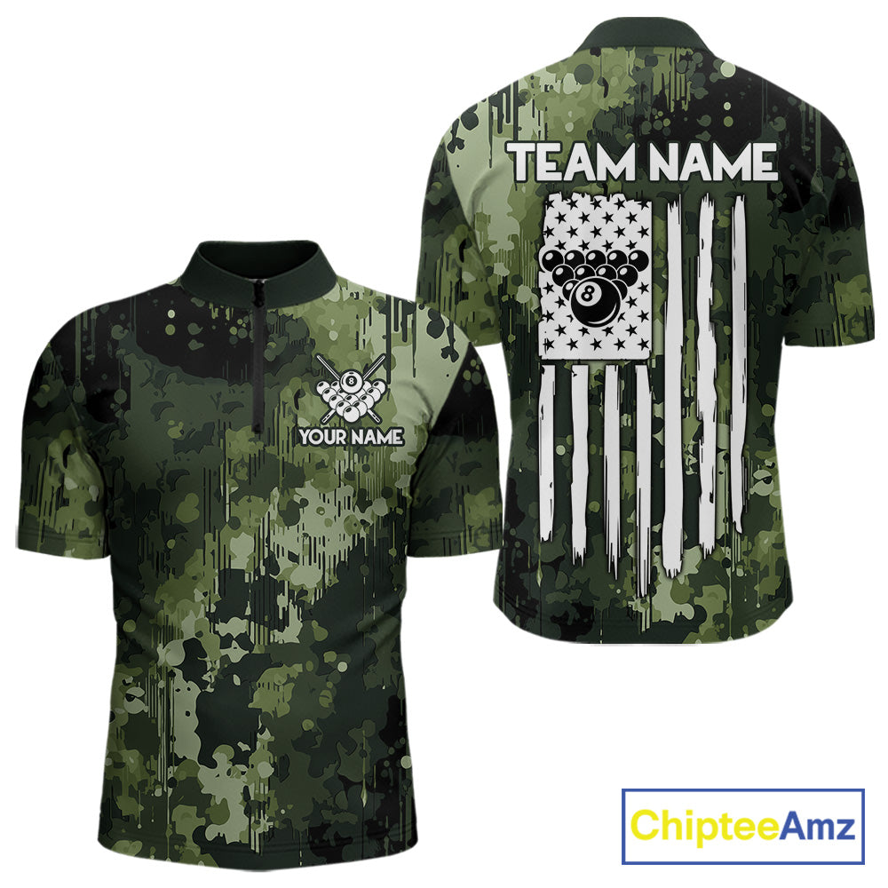 Men’s green camo American flag quarter zip billiard shirt with patriotic team artwork.