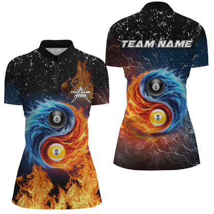 3D Billiard 8 Ball & 9 Ball Water Fire Customized Grunge Women Polo, 1/4 Zip Shirts, Billiard Jerseys TDM2382