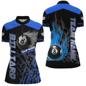 Blue 8 Ball Pool Flame 3D Billiard Shirts For Women, Billiard League Jersey Custom Pool Team Shirts TDM2875