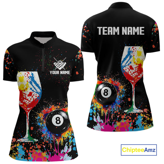 Personalized Colorful Splash 8 Ball Billiard Shirts For Women, Funny Wine Glass Custom Pool Jerseys TDM4100