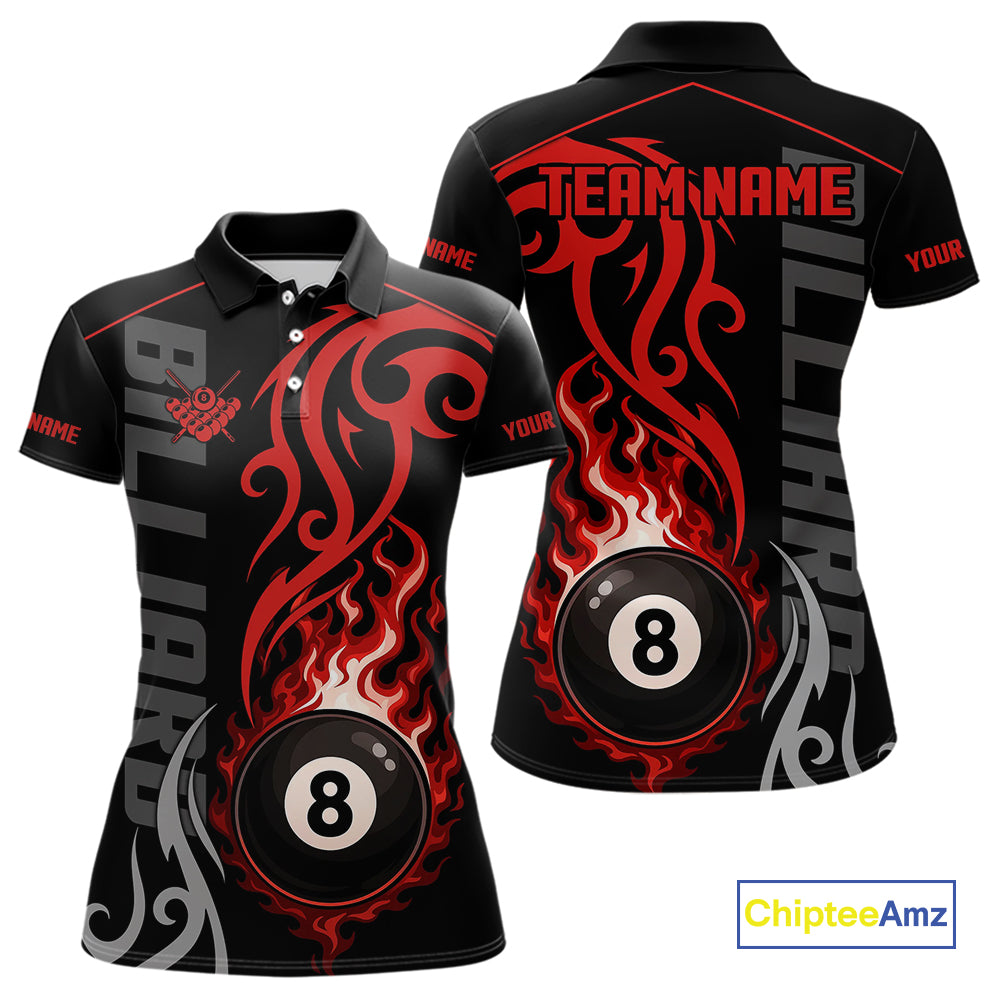 Black And Red Tribal Flame 8 Ball Pool Billiards Shirts For Women Custom Pool Team Jerseys TDM4101