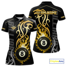 Load image into Gallery viewer, Black And Gold Tribal Flame 8 Ball Pool Billiards Shirts For Women Custom Pool Team Jerseys TDM4102