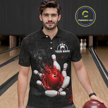 Load image into Gallery viewer, Man wearing black and red grunge fire bowling polo shirt front view.