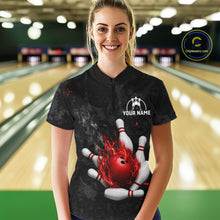 Load image into Gallery viewer, Woman wearing black and red grunge fire bowling quarter zip shirt front view.