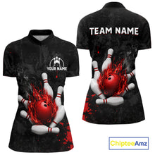 Load image into Gallery viewer, Black and red grunge fire bowling quarter zip shirt for women, custom bowling league jersey.