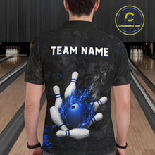 Load image into Gallery viewer, Man wearing black and blue grunge fire bowling polo shirt back view.
