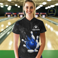 Load image into Gallery viewer, Woman wearing black and blue grunge fire bowling quarter zip shirt front view.