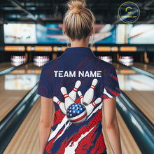 Load image into Gallery viewer, Woman wearing blue and red US flag bowling polo shirt back view.