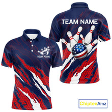 Load image into Gallery viewer, Custom blue and red US flag bowling polo shirt for men, patriotic bowling team jersey.